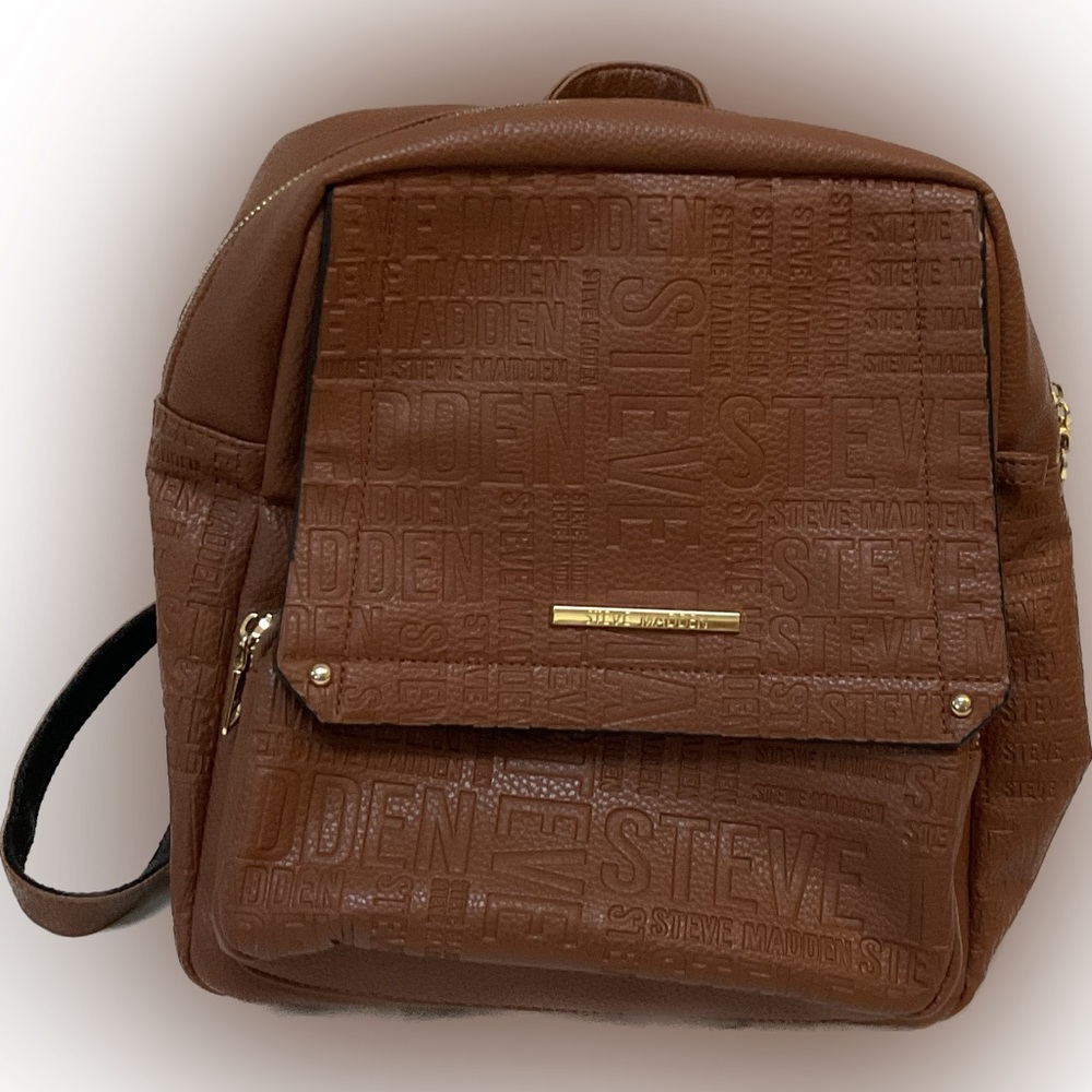 Steve Madden Brown Faux(?) Leather Backpack Purse Gold EUC